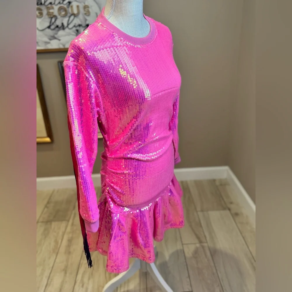 New! QUEEN OF SPARKLES Pink Sequin Long Sleeve Fringe Back Dress